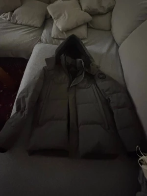 Grå dunjacka från Canada Goose - Säljer en grå dunjacka från Canada Goose med huva och snygga svarta detaljer. Jackan har ett stilrent, quiltat mönster och logotyp på ärmen. Perfekt för kalla dagar och har både dragkedja och knappar framtill. Passformen är normal och jackan är långärmad.