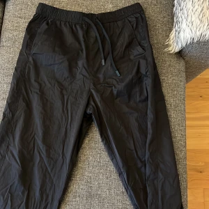 Svarta byxor med snörning från Zara - Svarta byxor från Zara i storlek M med elastisk midja och snörning. Byxorna har sidfickor fram och en bakficka med dragkedja. Lätta och sköna, perfekta för en chill och avslappnad stil.