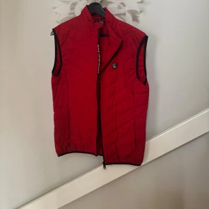 Röd quiltad dunväst från EA7 Armani - Snygg röd dunväst från EA7 Emporio Armani med quiltad design och svart kant vid ärmhålen. Västen har en hög krage, dragkedja framtill och EA7-logga på bröstet. Perfekt för lager-på-lager och streetstyle.