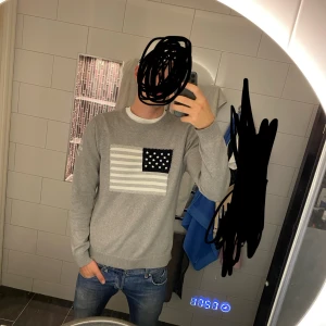  GANT tröja - Säljer en stilren grå tröja från GANT med en broderad amerikansk flagga på framsidan. Tröjan har rund hals och långa ärmar, perfekt för en avslappnad stil. Märkesdetaljer på ärmen ger en extra touch.