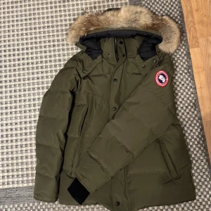 CANADA GOOSE JACKA - Säljer en grön Canada Goose dunjacka med pälskantad huva och klassisk logga på ärmen. Jackan har dragkedja och knappar framtill, två sidofickor med dragkedja och svart innerfoder. Perfekt för kalla vinterdagar och riktigt snygg streetstil.