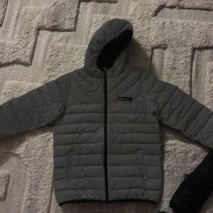 Grå pufferjacka från Ellesse - Säljer en grå pufferjacka från Ellesse med huva och svart dragkedja. Jackan har quiltad design och Ellesse-logga på bröstet. Perfekt för kyliga dagar när det är mörkt.
