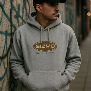 Grå hoodie från Gizmo med tryck - Säljer en grå hoodie från Gizmo med stort brunt och vitt tryck på bröstet där det står 'GIZMO Worldwide Services'. Tröjan har huva med snörning, magficka och ribbade muddar. Perfekt för chill dagar och streetwear-stil.