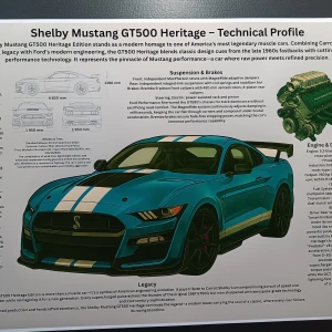A3 poster av Shelby Mustang GT500 Heritage + Technical Profile - A3 poster av Shelby Mustang GT500 Heritage – en ikonisk amerikansk muskelbil med modern teknik och rå kraft. Perfekt för bilentusiaster som älskar fart, design och racing.