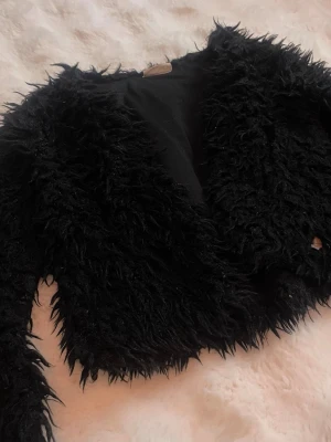 Svart fluffig teddyjacka - Säljer en svart teddyjacka med riktigt fluffig och mjuk känsla. Jackan har lång luddig pälsimitation och är croppad i modellen. Perfekt för dig som vill ha en statementjacka till hösten eller vintern. Inga synliga detaljer som dragkedja eller knappar på framsidan. Kort storlek men kan va fin kort oxå 