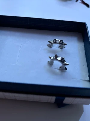 Silvriga örhängen med nitar - Säljer ett par coola silvriga örhängen i form av små hoops med utstickande nitar runt om. De har en edgy och modern design som verkligen sticker ut. Perfekta för dig som gillar alternativ stil och vill ha något unikt i öronen. Köpte de för 100kr ifrån glitter 