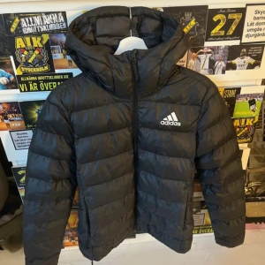 Svart pufferjacka från Adidas S - Svart pufferjacka från Adidas i storlek S. Jackan har huva, dragkedja framtill och Adidas-logga på bröstet. Den är vadderad och har en clean, sportig look som funkar till alla stilar. jackan är långärmad. Har innerfickor också. Funkar till både tjejer och killar.