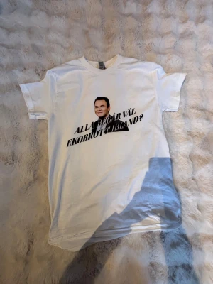 Vit t-shirt med tryck från Gildan - Vit t-shirt från Gildan med svart tryck på framsidan där det står 'Alla begår väl ekobrott ibland?' och ett ansikte. Klassisk rund hals och korta ärmar. Materialet är 100% bomull, vilket gör den mjuk och skön att ha på sig.