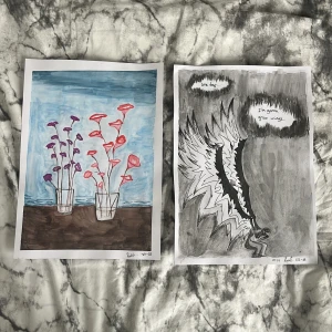 (2 FÖR 1) MÅLNINGAR  - Målningarna har jag gjort men vattenfärg. För en start på att få in pengar för Musikhjälpen så har jag en försäljning med 2 för 1!! Betala för en och få båda! Unik konst med två illustrationer: en färgstark målning av blommor i glas och en svartvit teckning med texten 'one day... I'm gonna grow wings...' Perfekt för dig som gillar kreativitet, känslor och uttrycksfull konst. ‼️50% av pengarna går till mig och 50% går till Musik hjälpen‼️@paintingfromrobin