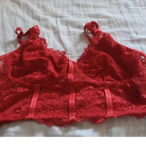 Röd spetsig korsett-topp - Säljer en röd korsett-topp i spets med justerbara axelband Toppen har dekorativa band framtill och är genombruten med blommigt spetsmönster. Perfekt för dig som vill ha en statement piece i garderoben.