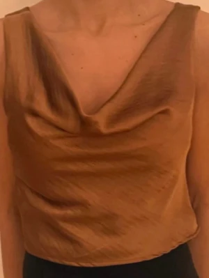 Brun siden linnetopp med drapering - Säljer en brun linnetopp i siden med snygg draperad halsringning. Toppen är ärmlös och har en mjuk, glansig finish som ger en lyxig känsla. Perfekt för dig som gillar stilrena och trendiga plagg med lite extra detalj.