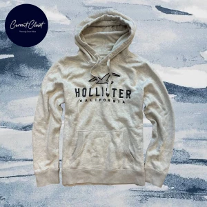 Ljusgrå hoodie från Hollister - Snygg ljusgrå hoodie från Hollister med broderad logga och text på bröstet | Size S | Längd: 65cm Bredd: 38cm | Grå/ Beige | Vintage och otroligt limiterad