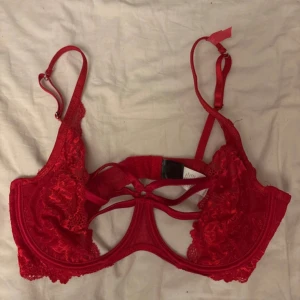 Röd spetsig bh med snörning - Säljer en röd bh med spetsdetaljer och snygga band framtill. Toppen har justerbara axelband och dekorativ snörning mellan kuporna. Perfekt för dig som vill ha en statement piece med lite edge och romantisk vibe. Aldrig använd