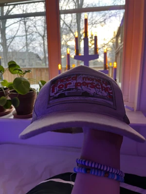 Grå keps från Revenite med Porsche-tryck - Säljer en grå keps från Revenite med mesh på sidorna och baksidan. Framtill finns en stor patch med texten 'need money for porsche' i rött och en bild på en Porsche. Kepsen har böjd skärm och är tillverkad i syntetmaterial med mockakänsla framtill.