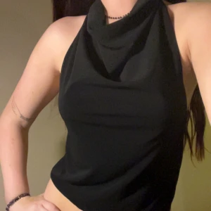 Svart fest topp - Säljer en svart croppad halterneck topp med snygg draperad halsringning och öppen rygg. Perfekt för dig som gillar minimalistisk och trendig stil. Säljer då det inte är min stil längre. Står ej för frakten.