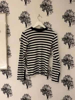 Randig långärmad topp från Stay - Säljer en svartvit långärmad topp från Stay i storlek S. Toppen har breda horisontella ränder och en rund halsringning med svart ribbad kant. Materialet känns mjukt och stretchigt, perfekt till jeans eller kjol för en cool look.