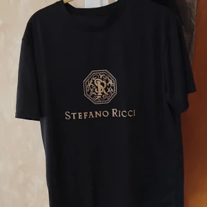 Svart t-shirt Stefano Ricci - Svart t-shirt från Stefano Ricci med guldigt tryck på bröstet och logotyp i ett snyggt mönster. Klassisk rund hals och korta ärmar. T-shirten har en normal passform och är tillverkad i mjuk bomull som känns skön mot huden.