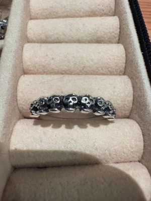 Silverfärgad ring med döskallar - Säljer en cool silverfärgad ring med flera små döskallar runt hela bandet. Perfekt för dig som gillar edgy och unik stil. Ringen är i metall och har en snygg detaljrik design som verkligen sticker ut.
