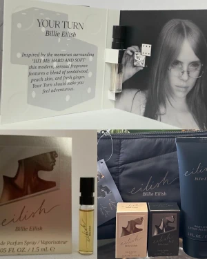 SÖKER!!Billie Eilish parfymprov  - Söker! Dom hör saker na eilish no1 1,5ml och your turn 1,5 ml och sakerna som är nere i hörnet. Om du har någon av dom sakerna skriv gärna till mig och säg ett rimligt pris!