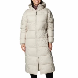 Lång beige dunjacka från Columbia - Säljer en lång och fluffig off white dunjacka från Columbia med huva och dragkedja hela vägen. Storlek S, 1500kr💞