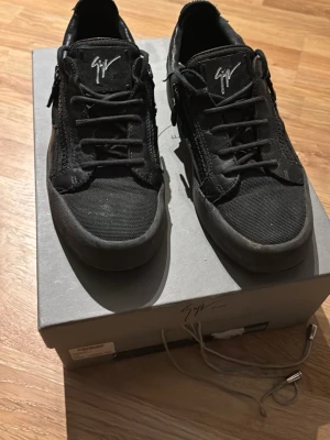 Svarta sneakers från Giuseppe Zanotti - Säljer ett par svarta  Giuseppe Zanotti med signaturlogga på plösen. Skorna har snörning, dragkedjor på sidorna och en platt sula. Materialmix av skinn och textil ger en cool vibe. Kommer med originalkartong och silvrig dustbag. Har en liten skada på vänster bak. Har tydliga täcken på användning kvitto med kommer. Skriv vid minsta fundering. Priset kan diskuteras.