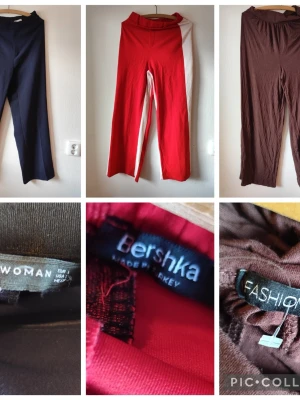 Mix av trendiga byxor från olika märken stl 42 - Säljer ett gäng snygga byxor och jeans i olika färger som rött, beige, brunt, svart och marinblått. Märken som Bershka, H&M, ASOS och fler. Modellerna varierar mellan raka och smala ben, vissa med resår och andra med knytband. Perfekta för dig som gillar att mixa stilar.Du är varmt välkommen att kika på mina andra annonser.