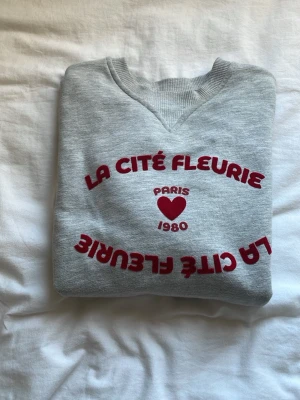 Grå sweatshirt  - Grå sweatshirt från Zara med rött tryck där det står 'La Cité Fleurie Paris 1980' och ett hjärta på bröstet. Tröjan har rund halsringning och är tillverkad i mjukt bomullsmaterial❤️