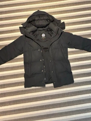Svart dunjacka från Canada Goose - Säljer en svart dunjacka från Canada Goose med huva och klassisk logga på ärmen. Jackan har dragkedja och knappar framtill, stora fickor och en riktigt varm, vadderad design. Perfekt för kalla dagar och riktigt snygg streetstil.