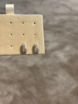 Små silvriga örhängen med nitar - Säljer ett par små silvriga örhängen i halvcirkel med coola nitar längs hela bågen. De har en modern och edgy vibe, perfekta för att ge din look lite extra attityd. Materialet är metall med blank finish och de har klassisk stift-bakdel. Såljder då jag inte använder dom.