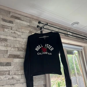 Svart långärmad tröja Hollister XS - Svart långärmad tröja från Hollister med vit text och en röd ros broderad framtill. Tröjan har snörning vid halsen och en croppad passform. Perfekt för dig som gillar en avslappnad och trendig stil.