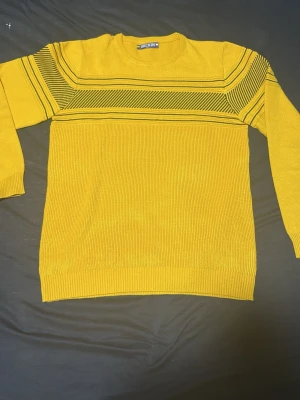 Gul stickad tröja med svarta ränder - Snygg gul stickad tröja från Bichin med svarta ränder och mönster upptill. Tröjan har rund halsringning, långa ärmar och ribbade muddar vid ärmslut och nederkant. Perfekt för dig som vill sticka ut med färg i höst och vinter.
