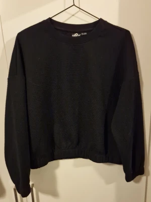 Svart croppad sweatshirt från Crivit - En svart croppad sweatshirt från Crivit med rund halsringning och långa ärmar. Tröjan har en enkel, stilren design och resår i nederkant för en avslappnad look. Perfekt till jeans eller kjol för en casual vibe.