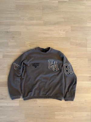 Brun sweatshirt Emporio Armani S - Snygg brun sweatshirt från Emporio Armani i storlek S. Tröjan har stora broderade detaljer med EA och 1981 på fram- och baksidan samt logga på ärmen. Rund hals och långärmad, tillverkad i mjuk bomullsmix. Ny pris 3500.