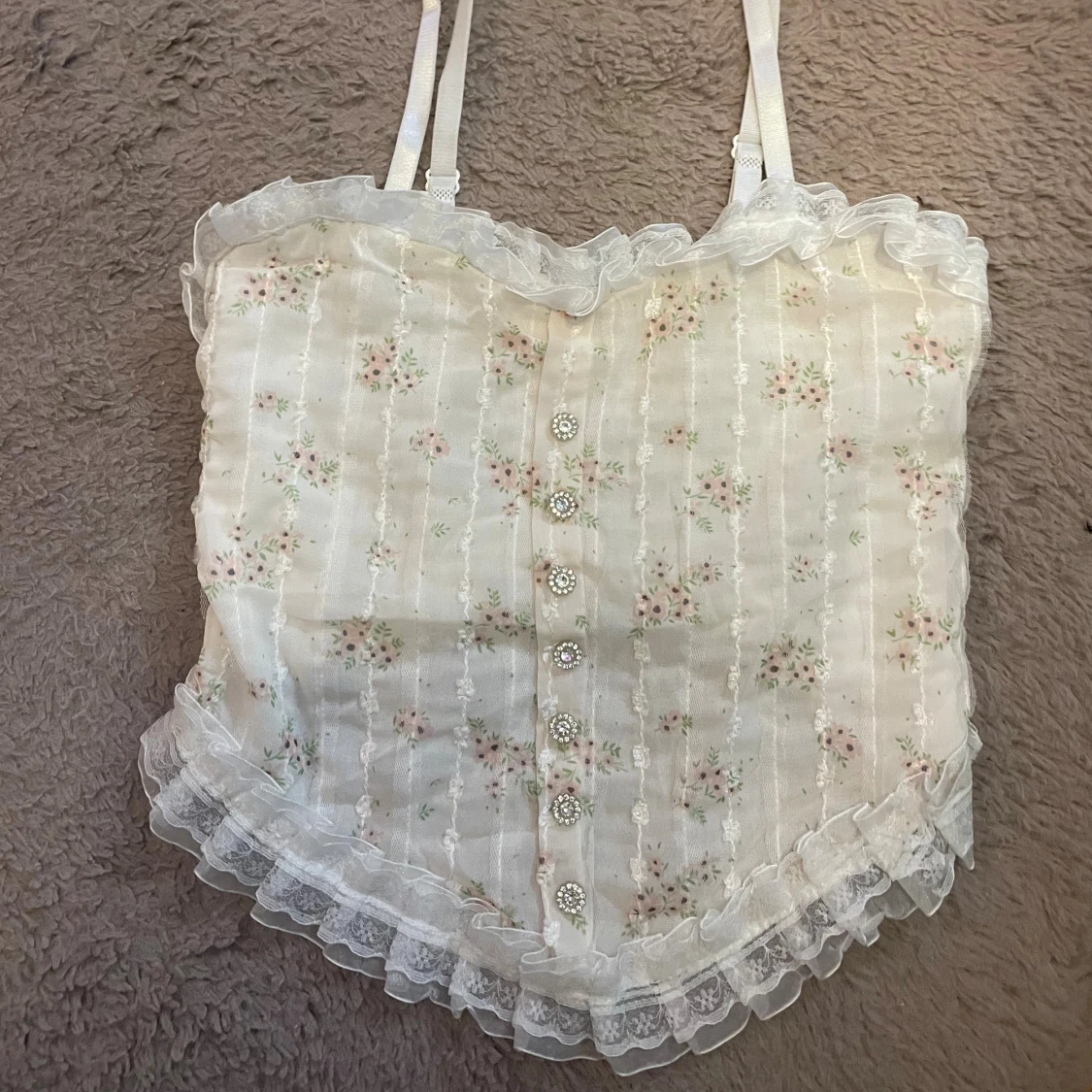 Vit blommig korsett med spets och knappar - 2