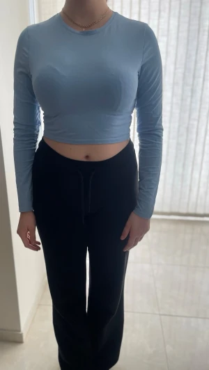 Ljusblå croppad långärmad tröja 157 - Ljusblå croppad långärmad tröja från 157 med tight passform och rund hals. Tillverkad i mjukt, stretchigt material som sitter snyggt på kroppen. Enkel och stilren design som är lätt att matcha med olika outfits.