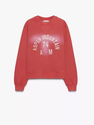 Zara röd sweatshirt - Cool röd sweatshirt med trycket 'Aspen Mountain 74 AM' framtill. Tröjan har rund halsringning, långa ärmar och ribbade muddar. Perfekt för en avslappnad och sportig stil. Materialet ser ut att vara mjuk bomullsblandning.