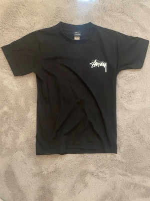 Svart Stussy t-shirt - En snygg svart t-shirt i märket stussy. Med en loga på framsidan och en blå Scorpion på baksidan. Tröjan är i storlek S och passar bra om man är ca 160. Den är använd ett fåtal gånger och ser ny ut.
