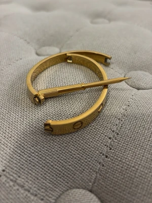 Guldfärgat armband  - Säljer ett ikoniskt guldfärgat Love-armband  i metall med skruvdetaljer runt om. Armbandet har en elegant, rundad form och kommer med tillhörande skruvmejsel för öppning och stängning. Perfekt för dig som gillar exklusiva accessoarer med lyxig känsla.