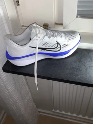 Nike Quest6  44.5 - Köpte dom när jag var utomlands på nätet dom kom hem till Sverige 14 dagar retur hade passerat och när jag testa dom va dom för stor helt ny inga fläckar eller skador därför Säljer ett par vita Nike Quest6  sneakers med svart swoosh och blå detaljer på sulan. Ovandelen är i ventilerande mesh och skorna har klassisk snörning. Perfekta för dig som gillar sportig stil och vill ha bekväma skor till vardags.
