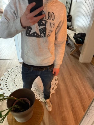Grå hoodie med tryck och huva - Säljer en ljusgrå hoodie från Original Fit med stor stjärna och texttryck på bröstet. Hoodien har klassisk huva med dragsko och en magficka framtill. Perfekt för en avslappnad och cool stil. Materialet känns mjukt och bekvämt.
