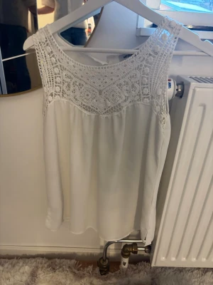 Vit ärmlös topp med spetsdetaljer - Säljer en vit ärmlös topp med vackra spetsdetaljer upptill och rund halsringning. Toppen har en lös passform och knappar i ryggen. Perfekt för dig som gillar en romantisk och stilren look.
