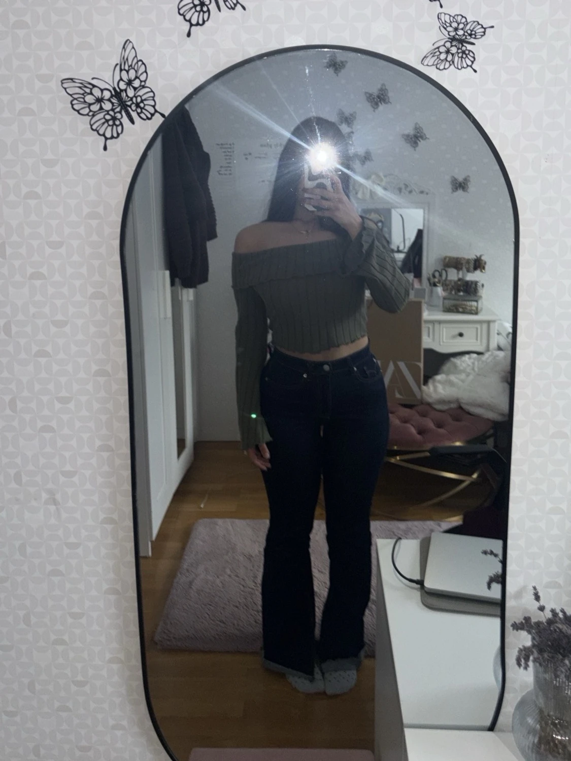 Olivgrön ribbad offshoulder topp - 2