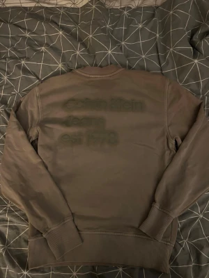 Brun sweatshirt från Calvin Klein Jeans - Säljer en brun/biege sweatshirt från Calvin Klein Jeans i storlek S (passar även M). Tröjan har ribbade muddar vid ärmslut och midja samt tryck på ryggen med texten 'Calvin Klein Jeans est 1978'. Perfekt för en avslappnad och stilren look. Köptes på zaalando för 1100kr. Använd fåtal gånger