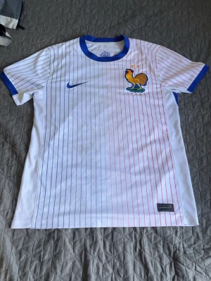 Frankrike fotbollströja Nike vit - Säljer en vit fotbollströja från Nike med tunna blå och röda ränder, blå krage och ärmslut. På bröstet finns Frankrikes tuppemblem och två stjärnor. Tillverkad i lätt och ventilerande material, perfekt för träning eller match.