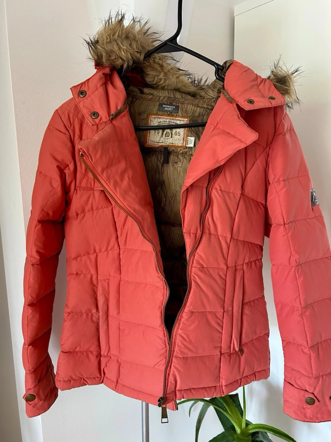 Burnt orange snowmass winter coat with faux fur hood