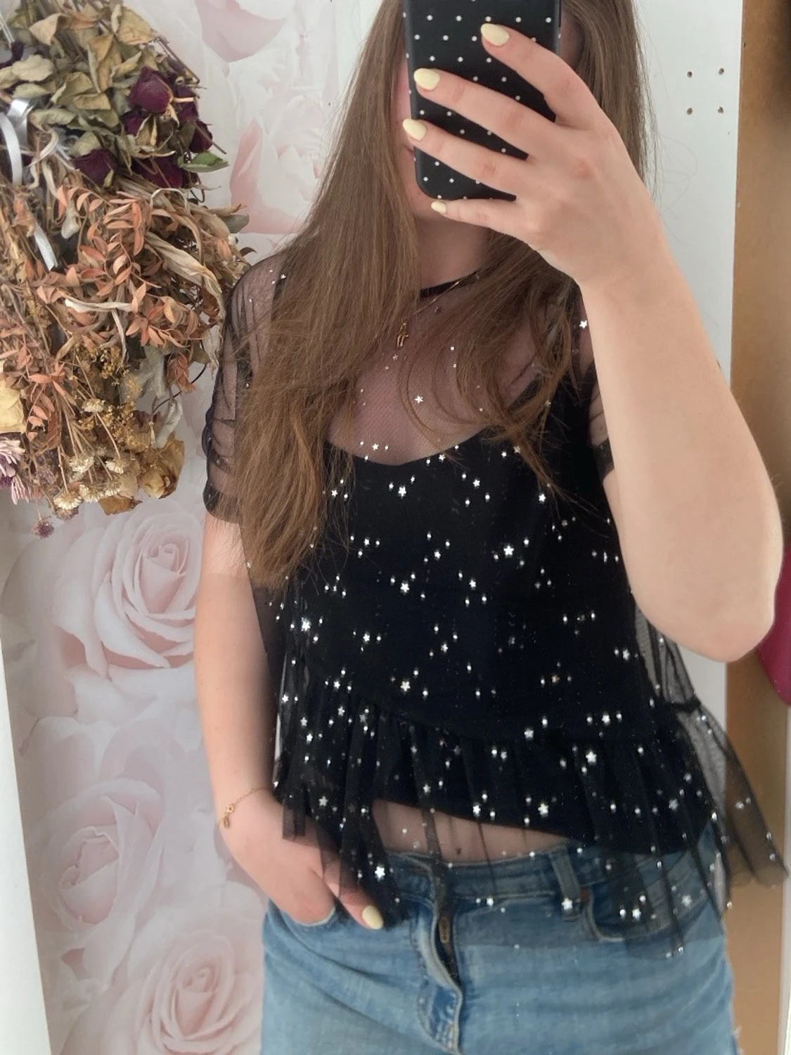 Svart mesh topp med glitterstjärnor
