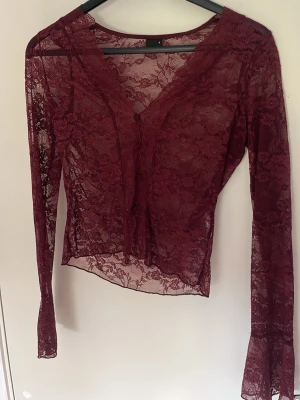 Vinröd spetsblus med knappar - Snygg vinröd blus i genomskinlig spets med v-ringning och knappar framtill. Långärmad modell som är perfekt för att skapa en trendig och elegant look. Blusen har fina spetsdetaljer och är lätt croppad.