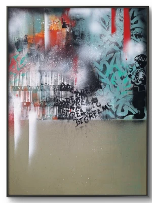 Abstrakt graffitimålning/Blandteknik 60x80 cm "Dream" - Säljer en stor, modern tavla med abstrakt graffiti och street art-stil.  Har färger som turkos, röd, svart och vitt, med sprayade texter och en siluett av ett barn till höger. Målningen är på canvas och har en urban känsla. (Ram ingår ej) Konstnär: Malin Wiberg Näslund/Artbymawi 