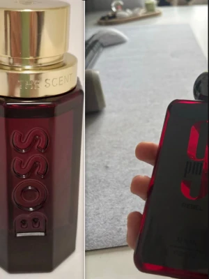 BOSS The Scent & Afnan 9PM parfym - Två parfymer: BOSS The Scent i mörkröd glasflaska med guldigt lock och tydlig BOSS-logga, samt Azzaro 9PM Rebel i svart och röd glasflaska med modern design. Båda flaskorna har en lyxig och stilren look, perfekta för dig som gillar eleganta dofter.