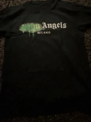 Svart Palm Angels Milano t-shirt - Säljer en svart t-shirt från Palm Angels med Milano-tryck framtill. T-shirten har ett grönt drip-effekt tryck över loggan och text i vitt. Klassisk passform och rund hals. Perfekt för dig som gillar streetwear och vill sticka ut. I storlek S